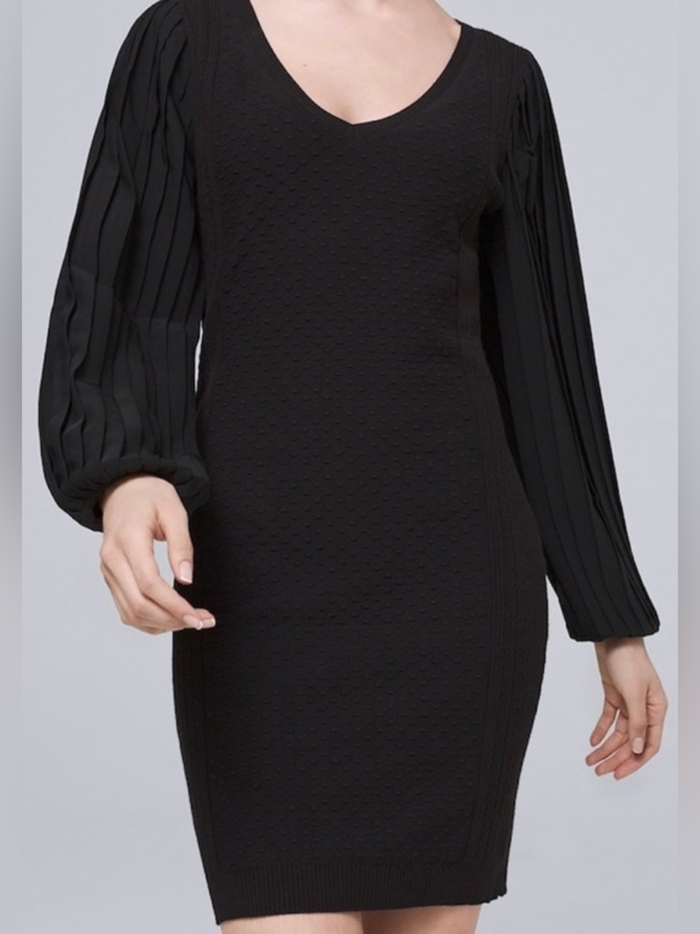White House Black Market Black V‑Neck Mini Dress with Pleated Bishop Sleeves